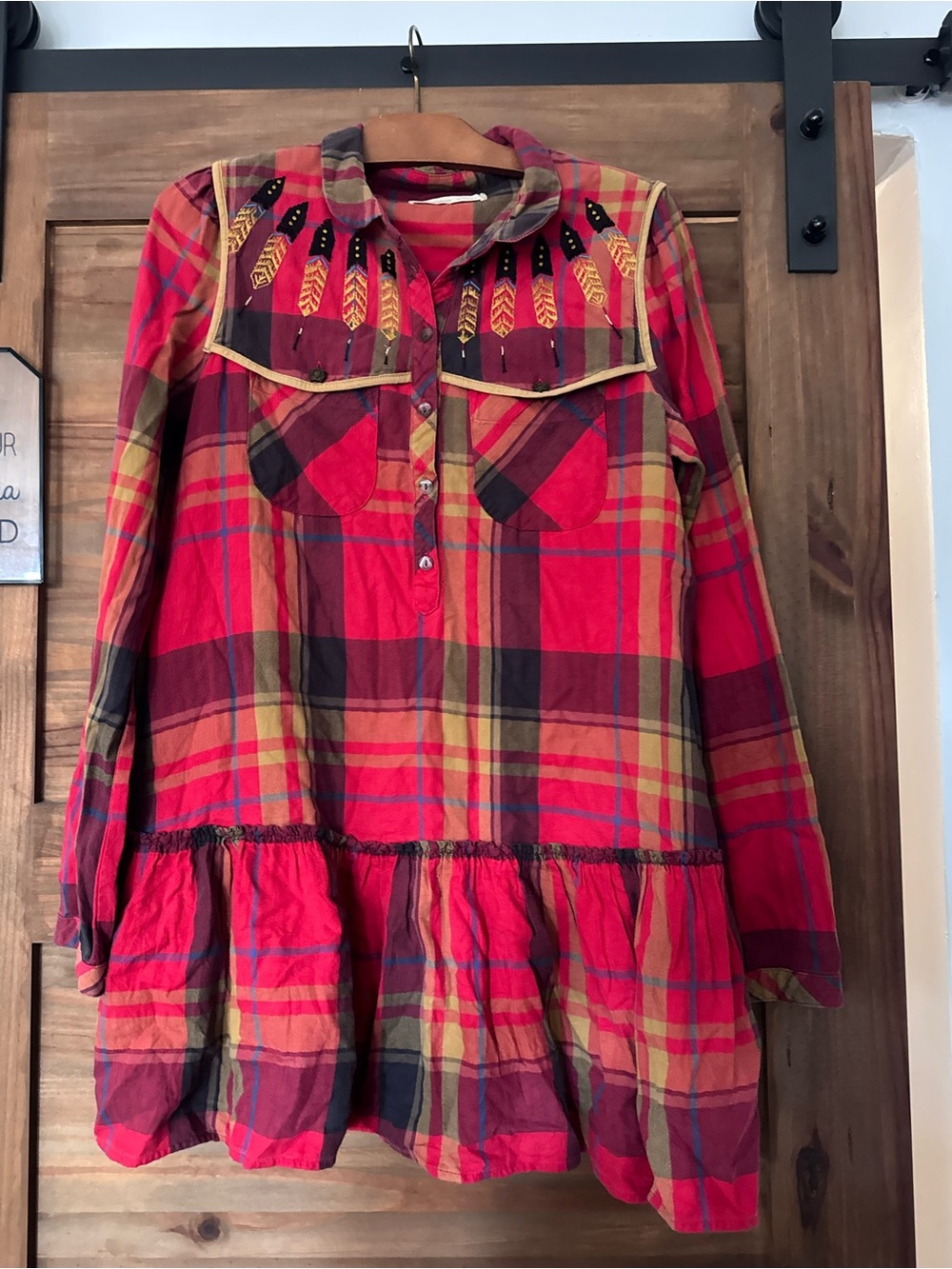 Red Plaid Tiered Button-Front Casual Dress with Embroidered Yoke